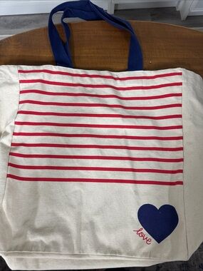 Canvas Stripe Tote Bag with Heart Accent - Navy & Red